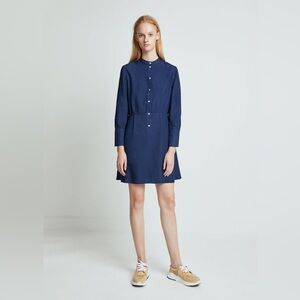 A.P.C. Kimya Collarless Button Front Dress in Indigo Blue Size 34 FR Viscose